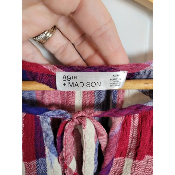 89th and Madison Plaid Tie-Neck Top Size M Patriotic - Picture 2 of 5